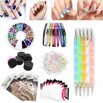 Nail Art Set, Ruban Ligne Nail Stickers, coloré strass Décoration, 45 feuilles Nail Art Stickers, Gradient Nails Éponges