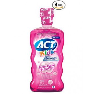 ACT niños anticaries fluoruro enjuague bucal, Chicle sopla hacia fuera 16,9 oz (Paquete de 4)